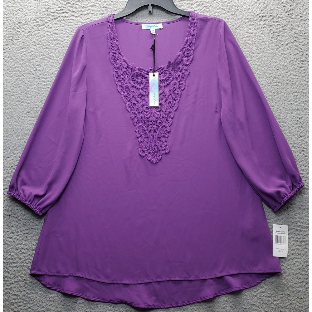 Indigo Rose Tunic Top Women Medium Purple Balloon Sleeve Crochet Lace Scoop Neck